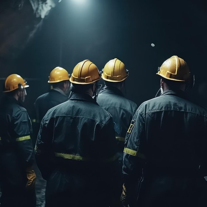 Mineros de espaldas dentro de la mina, realizando soluciones de ingeniería minera