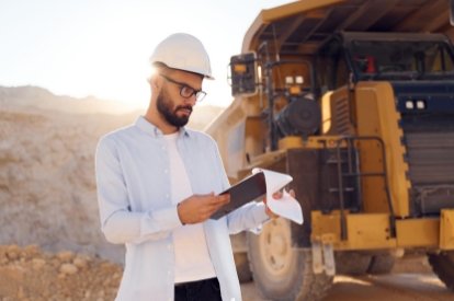 Ingeniero de soluciones de ingeniería minera revisando documentos