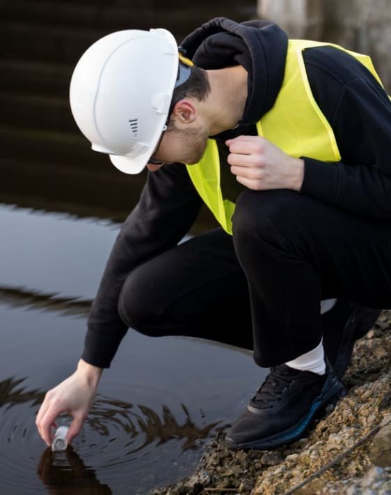 Ingeniero de minas realizando prueba de agua eb el servicio de gestión ambiental minera