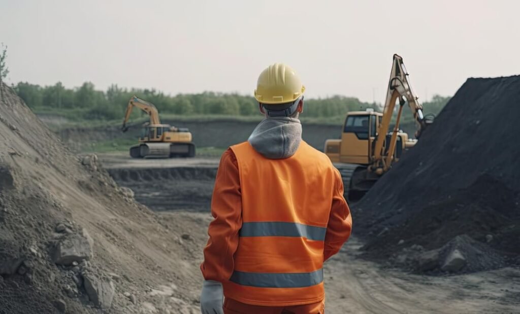 minero de espalda, observando cantera de mina, al fondo maquinaria realizando trabajos de Seguridad y Salud de los Trabajadores en Minería