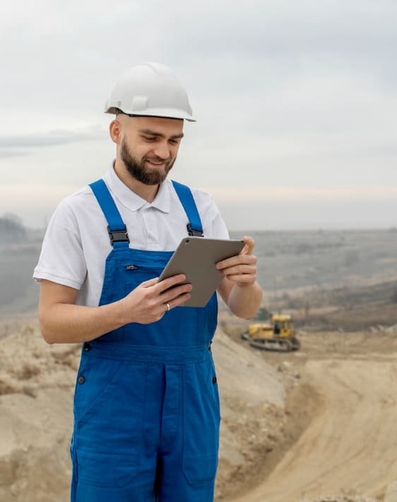 INgeniero revisando recultados de servicio de gestión ambiental minera, al fondo mina a cielo abierto