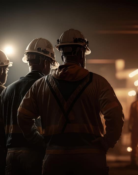 Tres mineros de espalda, dentro de mina realizando trabajos de seguridad y salud en el trabajo en minería