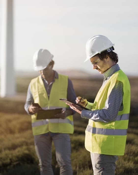 Dos ingenieros en campo revisando anotaciones realizando asesoría técnica en la industria minera